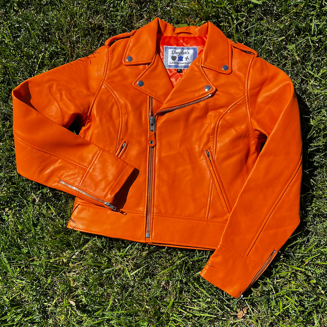 Orange leather jacket discount